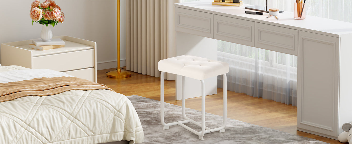 White Vanity Chair, Leather Vanity Stool, Small Stool Chair for Vanity, Square Ottoman Foot Stool, Makeup Vanity Chairs with Thick Padded Seat for Bathroom, Bedroom, Entryway, KFD01W