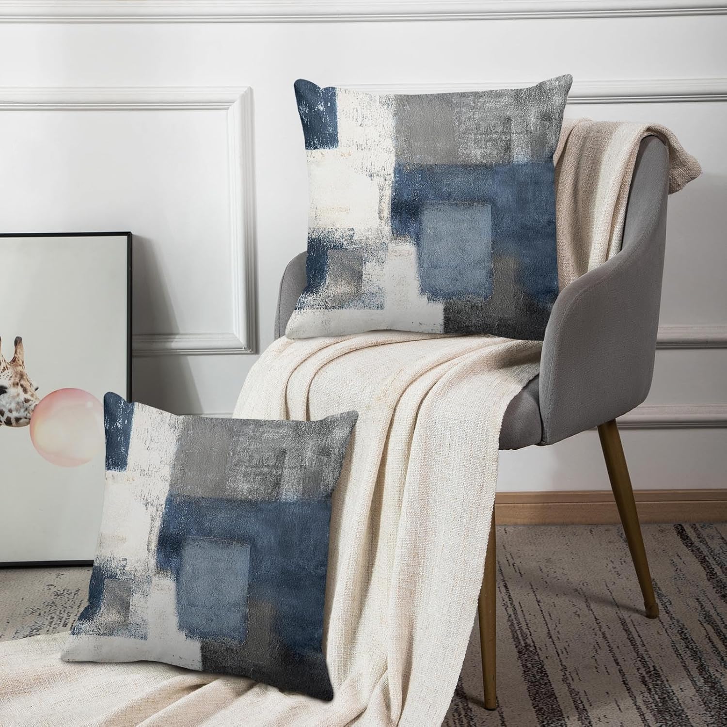 Emvency Set of 2 Throw Pillow Covers Modern Abstract Painting Blue White and Gray Decorative Sofa Pillow Cases Home Decor Standard Square 18x18 Inches Pillowcases