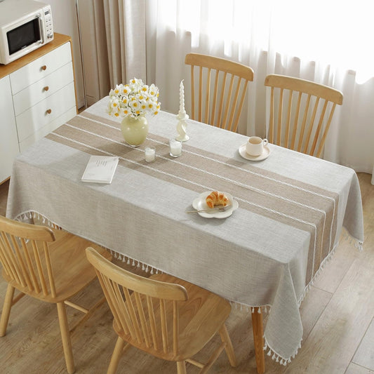 Tablecloths for Rectangle Tables, Cotton Linen Table Cloth Waterproof Tablecloth Wrinkle Free Farmhouse Dining Tables Cover, Soft Fabric Table Cloths with Tassels, Brown, 55" X 70", 4-6 Seats