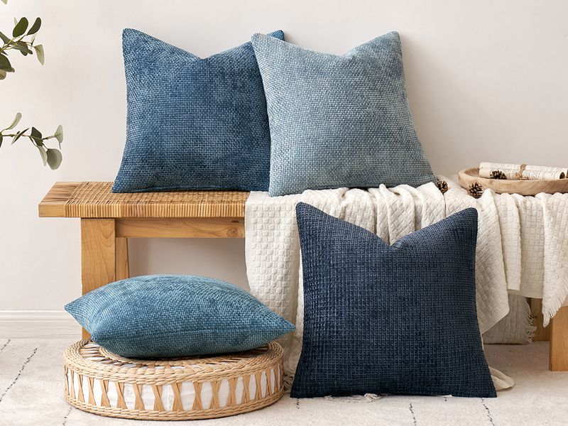 Pack of 4 Couch Throw Pillow Covers 18x18 Inch Neutral Blue Soft Decorative Chenille Pillow Covers Farmhouse Accent Cushion Covers for Boho Western Spring Coastal Decor Sofa Bed Living Room