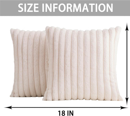 Pack of 2 Faux Fur Christmas Throw Pillow Covers 18x18 Inch, Soft Plush Striped Neutral Couch Pillow Cover, with Velvet Back Modern Home Decor for Sofa Living Room Couch Bed Cream White