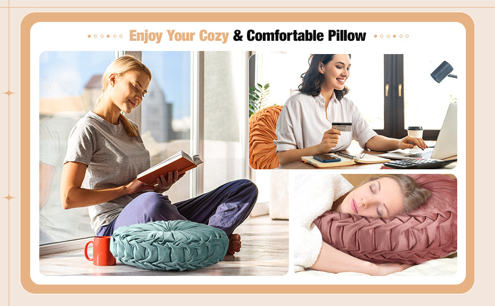 Kathfly Set of 4 Decorative Round Pleated Throw Pillows, Classy Velvet Pumpkin Round Throw Pillows, Decorative Floor Pillow for Bed Chair Home Sofa Decor, 14" Diameter(Colorful)