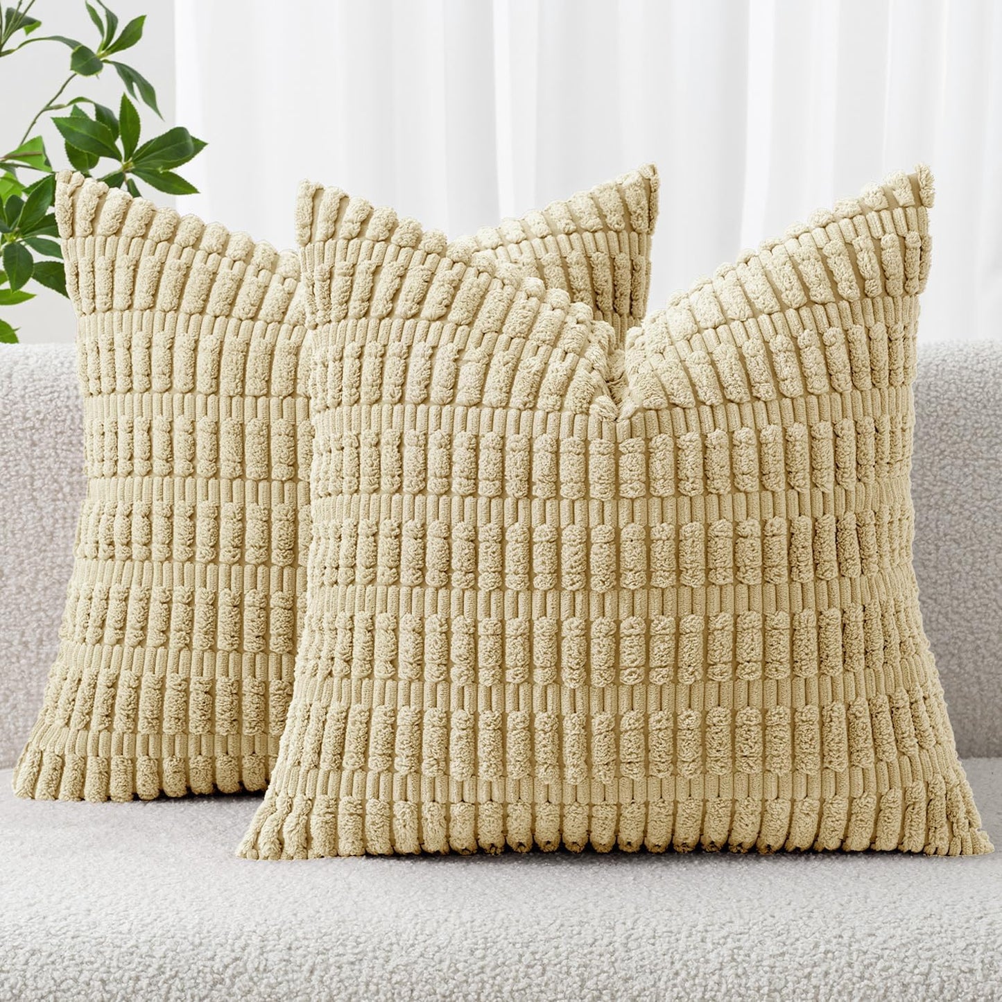 MIULEE Pack of 2 Corduroy Decorative Throw Pillow Covers 18x18 Inch Soft Boho Striped Pillow Covers Modern Farmhouse Home Decor for Sofa Living Room Couch Bed Cream White