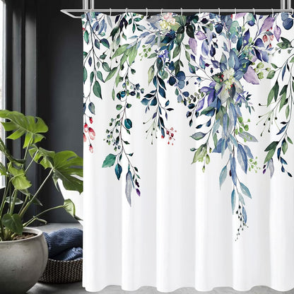 Grey Eucalyptus Shower Curtain, Watercolor Plant Leaves with Floral Bathroom Shower Curtain Set, Gray White, 72x72