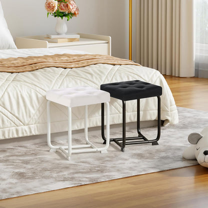 White Vanity Chair, Leather Vanity Stool, Small Stool Chair for Vanity, Square Ottoman Foot Stool, Makeup Vanity Chairs with Thick Padded Seat for Bathroom, Bedroom, Entryway, KFD01W