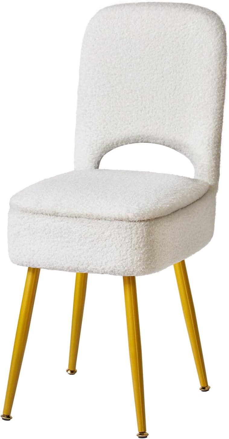 Small Storage Vanity Stool with Folding Backrest, 12.99" x 13.78" x 31.5" Square Teddy Velvet Ottoman, Makeup Chair for Living Room, 4 Metal Legs with Anti-Slip Feet, White WBD027W