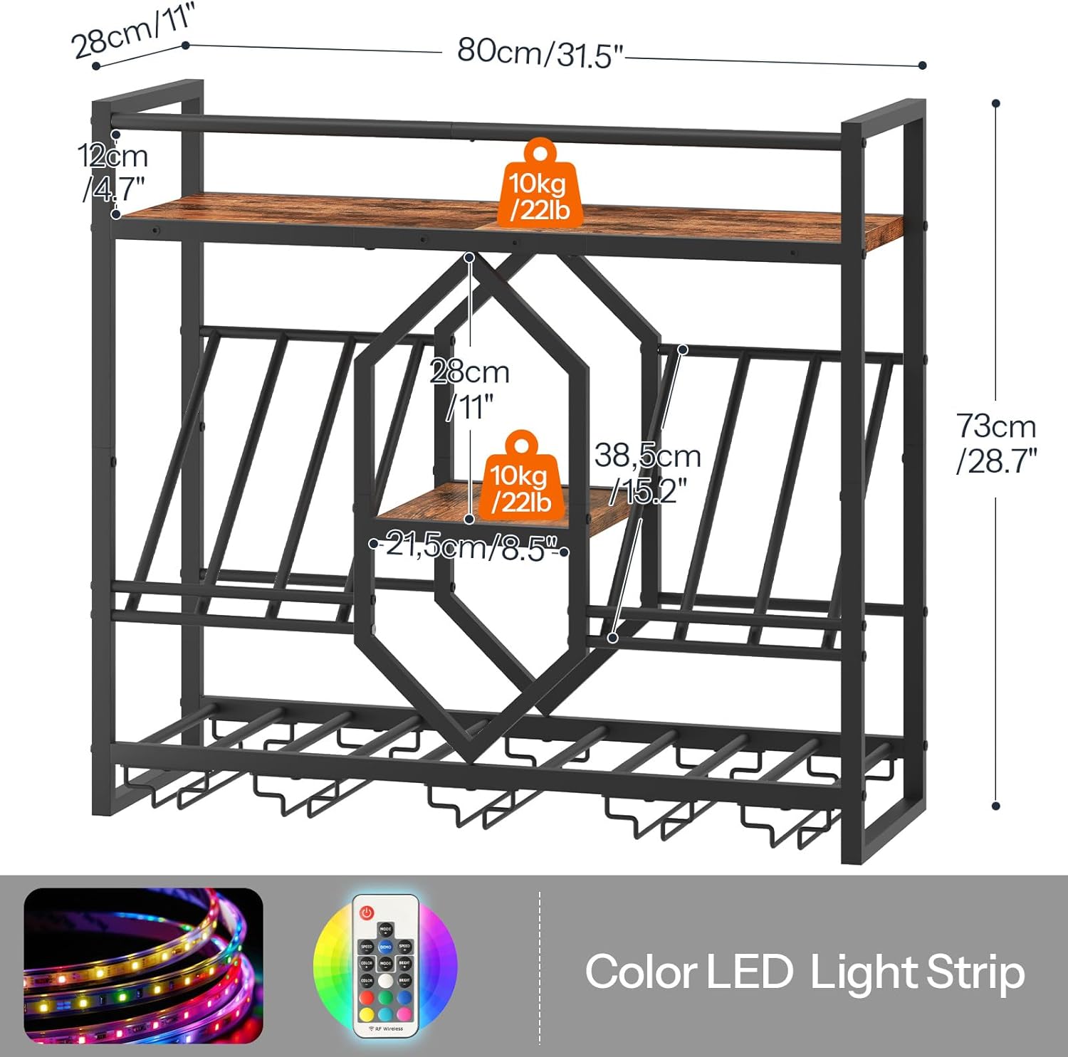HOOBRO Wall Mounted Wine Rack with LED Light, 31.5" Wine Shelf, 3 Tier Wine Bottle Display Shelf with Glass Holder, Hanging Bar Liquor Storage Rack, for Kitchen, Bar, Rustic Brown and Black BF73DBJ01