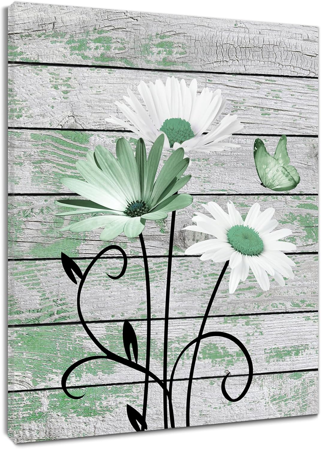 Farmhouse Floral Wall Art for Living Room, Blue and White Daisy Flower and Butterfly on Rustic Wood Board Canvas Wall Art Framed Artwork Ready to Hang for Bathroom Bedroom Decor, 16L X 12W