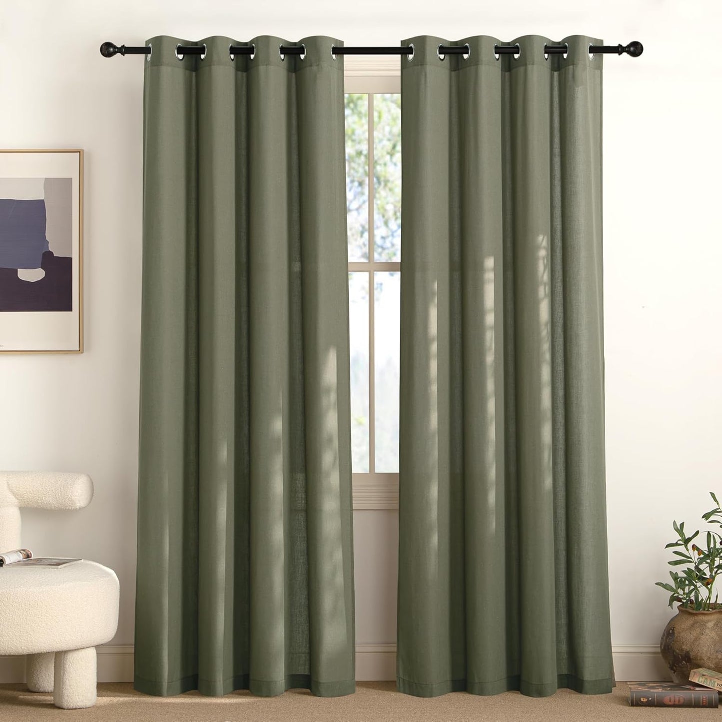 Natural Linen Curtains 84 inch Long 2 Panels Set, Grommet Top Thick Linen Burlap Semi Sheer Vertical Drapes Privacy Assured with Light Filtering for Bedroom/Living Room, W55 x L84