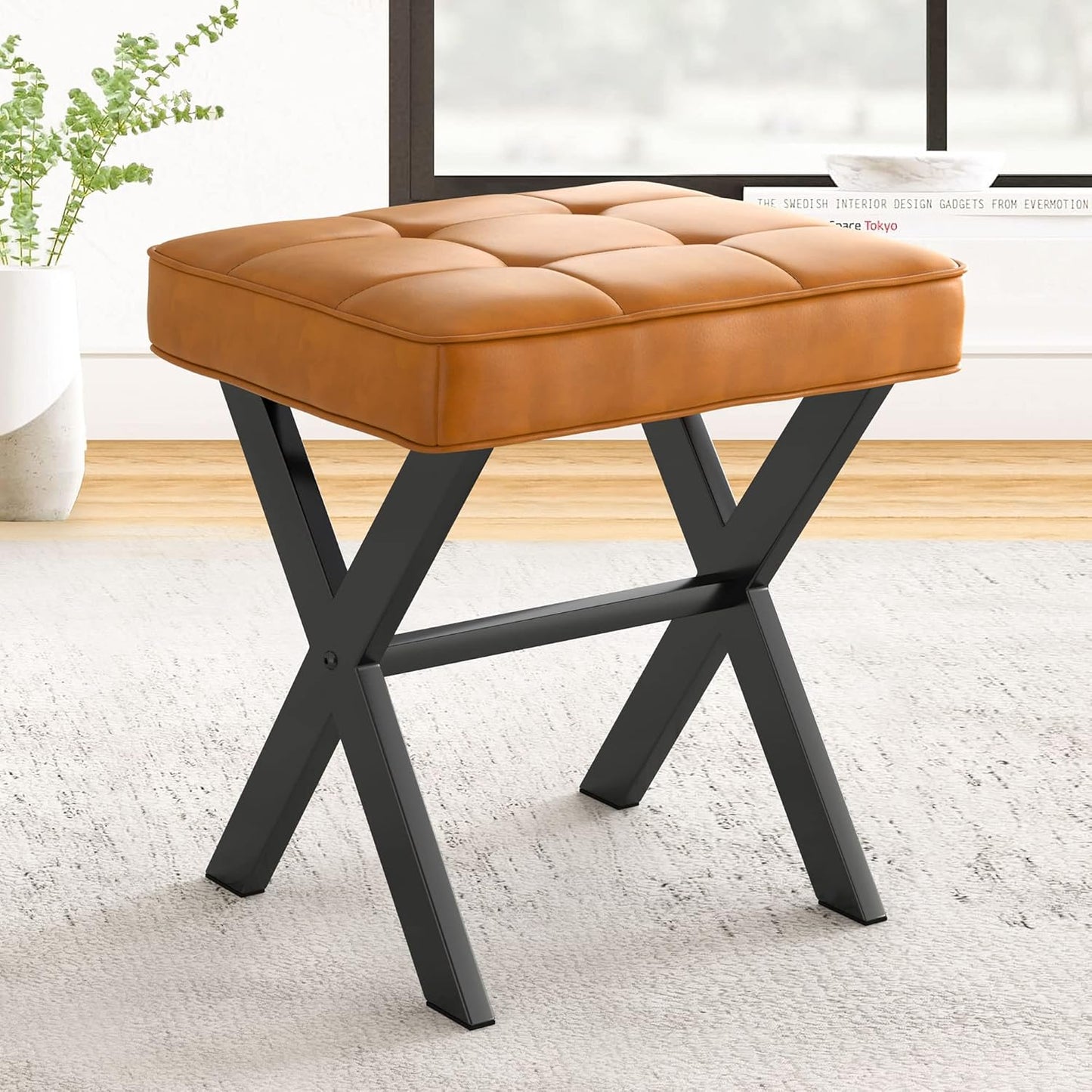 Vanity Stool, Square Linen Makeup Stool with Metal X Legs, Small Ottoman Stool Chair for Vanity, Modern Padded Vanity Seat Foot Rest Stool for Makeup Room, Living Room, Bathroom, Carbon Gray