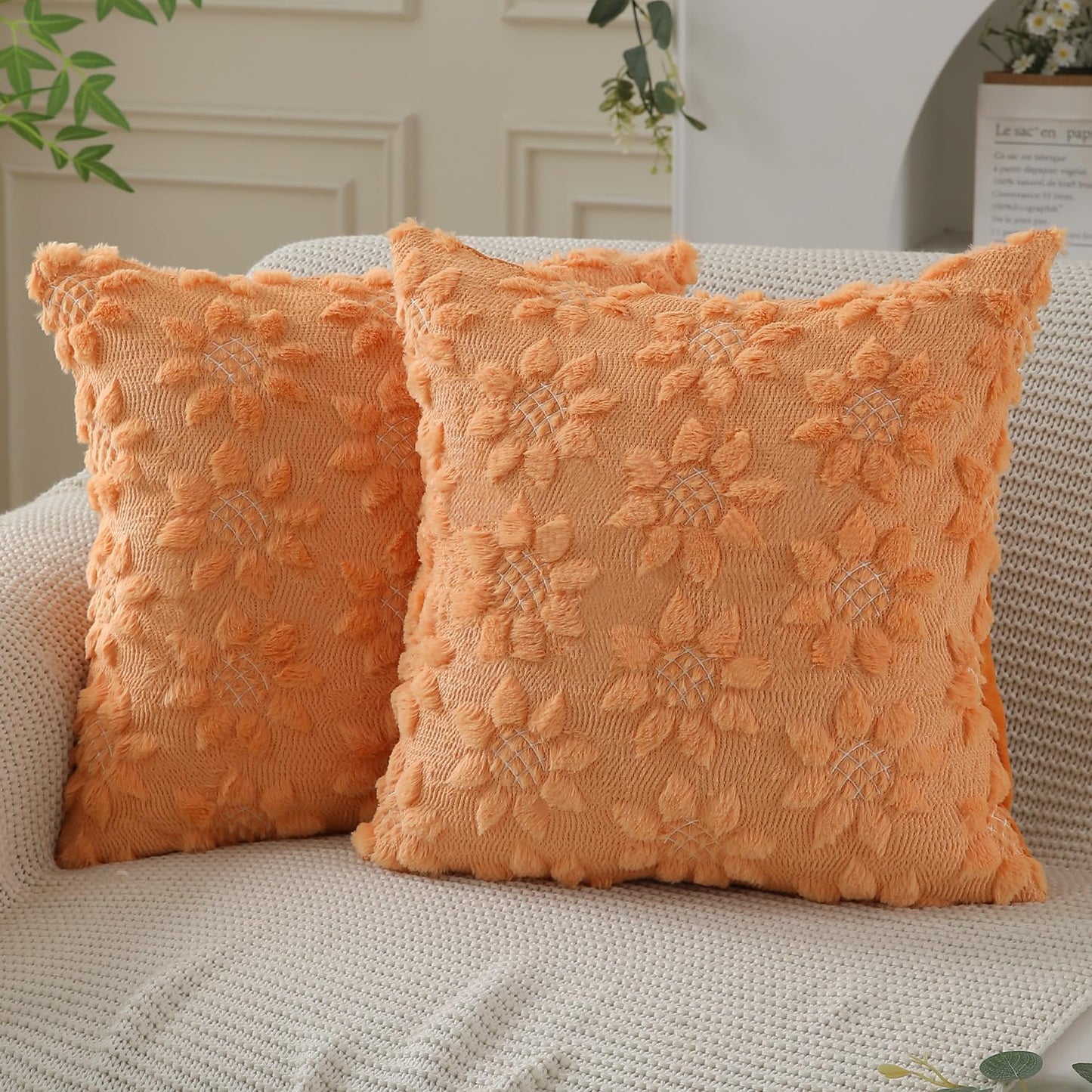 DFXSZ Spring Summer Pillow Covers 18x18 inch Set of 2 Farmhouse Decor Yellow Color Flower Heart Sunflower Soft Plush Faux Fur Jacquard Throw Pillows for Sofa Holiday Spring Home Decor PTK024C18