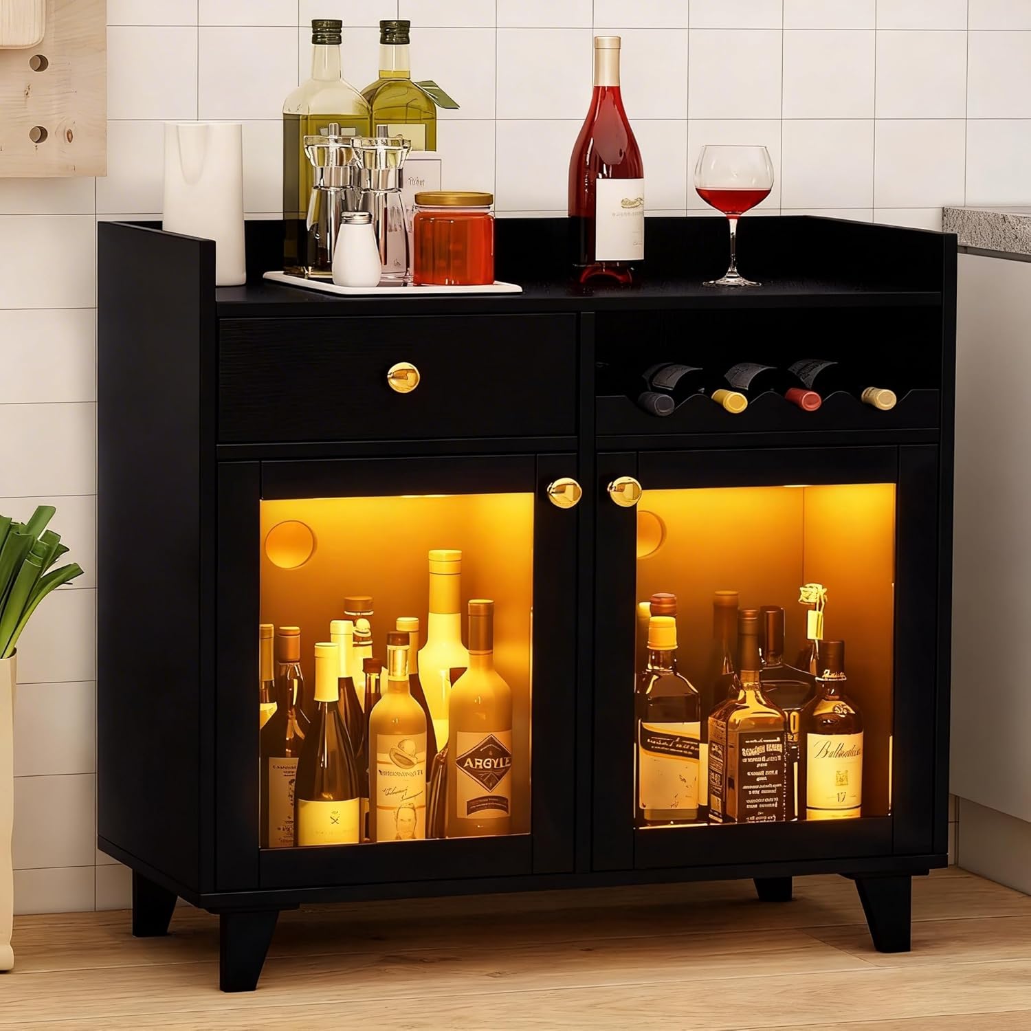 COCO DESIGN Small Wine Cabinet with Glass Doors, Modern Liquor Bar Cabinet with LED Light for Alcohol, Farmhouse Buffet Coffee Sideboard with Storage for Kitchen, Black